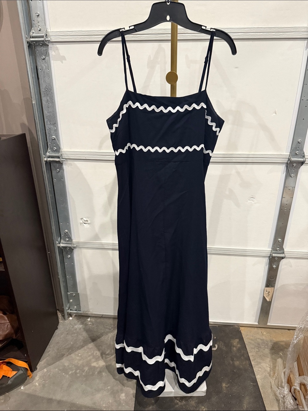 Navy Maxi Slip Dress with White Scallop Trim